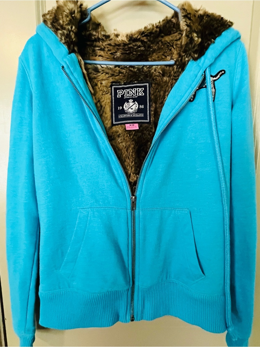 PINK Victoria's Secret Bright Turquoise Zip-Up Hoodie with Brown Sherpa Lining